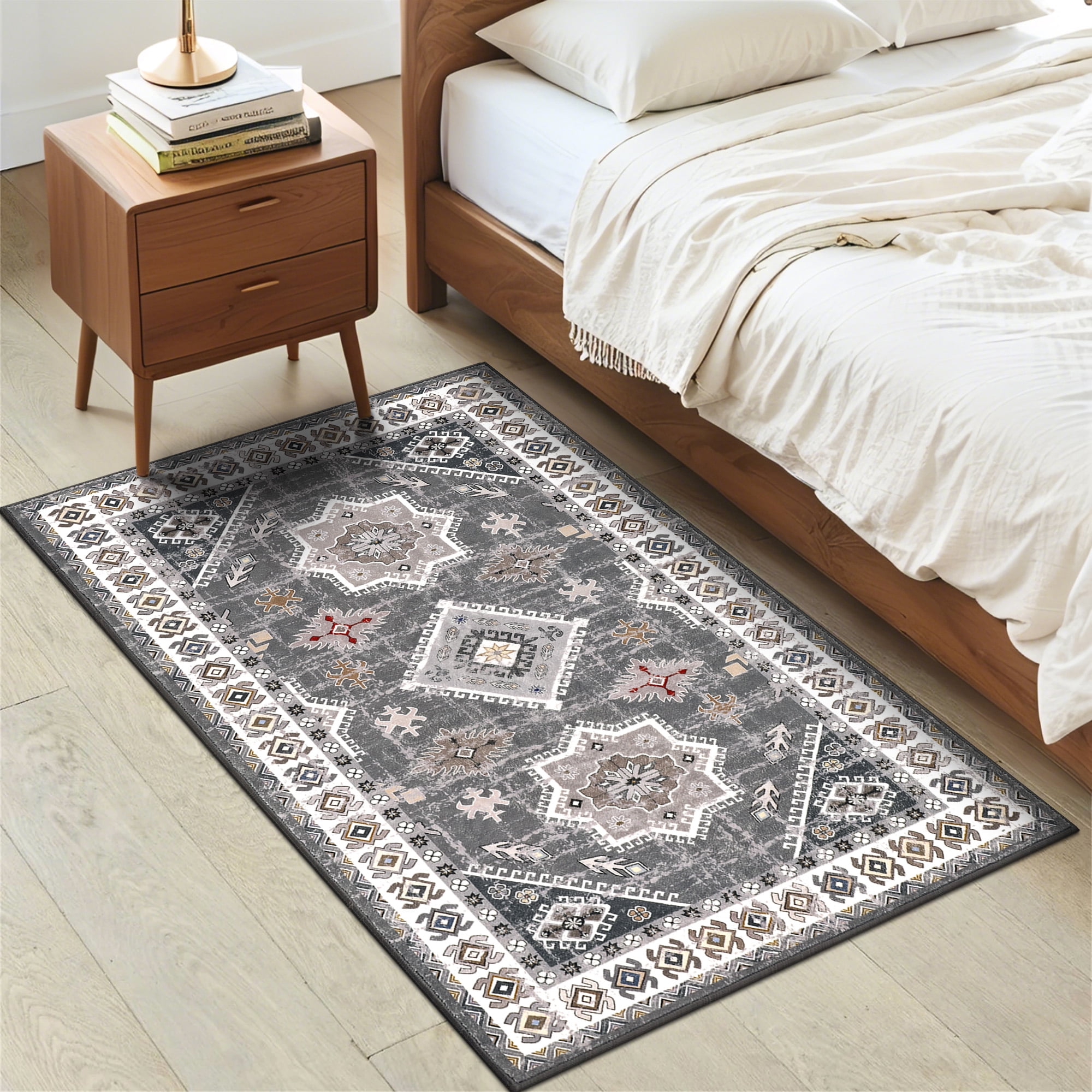 MeyJey Oriental Indoor Area Rug 3'x5' Non-Slip Machine Washable Vintage Distressed Floor Carpet for Living Room Bedroom Dining Kitchen Hallway, Gray/Brown