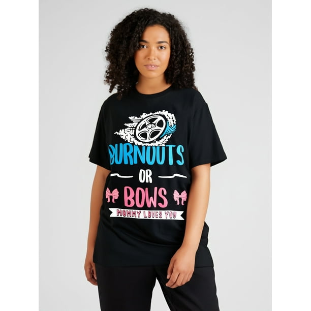 Mommy Burnouts or Bows Gender Reveal Baby Party Announcement T-Shirt