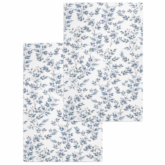 Blue Leaves Kitchen Dish Towels for Drying Dishes Set of 2, Summer Botanical Elegant Pastoral Waffle Weave Microfiber Hand Tea Bathroom Towels Quick Dry & Absorbent Towel 15.7x23.6
