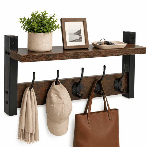 Coat Rack with Shelf Rustic Wall-Mounted Shelf with 5 Metal Hooks for Clothes Hat Towel Purse Bathroom Bedroom Wood Brown