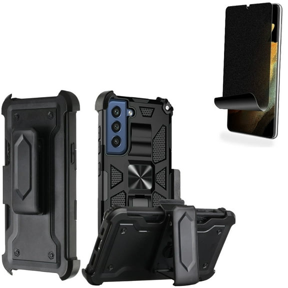 Case Belt Clip w Privacy Screen Protector for Samsung Galaxy S22 Plus Phone - Holster Swivel Cover Kickstand, TPU Film Fingerprint Works Anti-Peep Anti-Spy Accessory Bundle