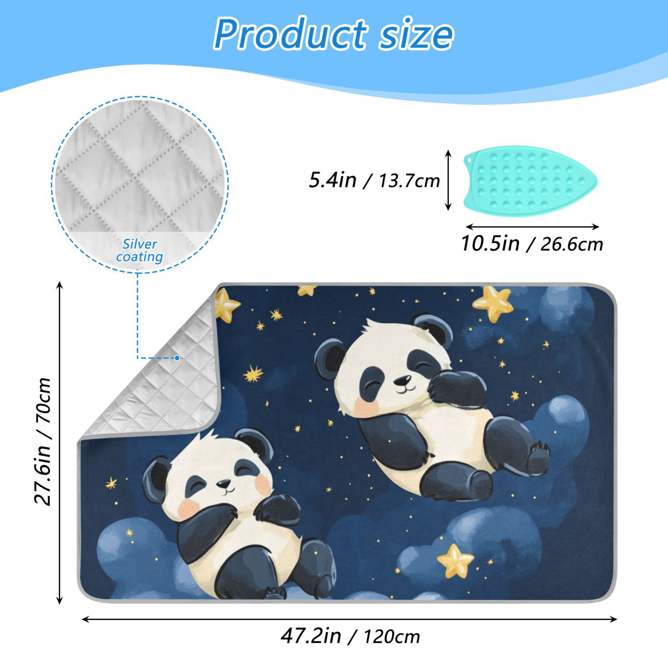 Pandas Sleeping on Clouds Stars Cartoon Ironing Mat Blanket Portable Travel Ironing Pad Heat Resistant Pad 47.2" x 27.6”