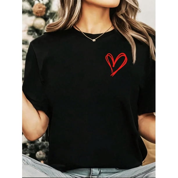 Camiseta de manga corta con cuello redondo y estampado de corazón y rosa para mujer, estilo casual, de verano, para adultos, hombres, mujeres, adolescentes, jóvenes.