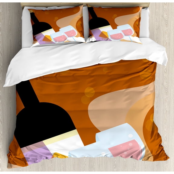 Merlot Duvet Cover Set Queen Size, Rose Wine Bottle Glasses Bubbles Background Cartoon, 3 Piece Bedding Set with 2 Pillow Shams, Cinnamon Pale Pink Almond and Pale Lilac, by Ambesonne