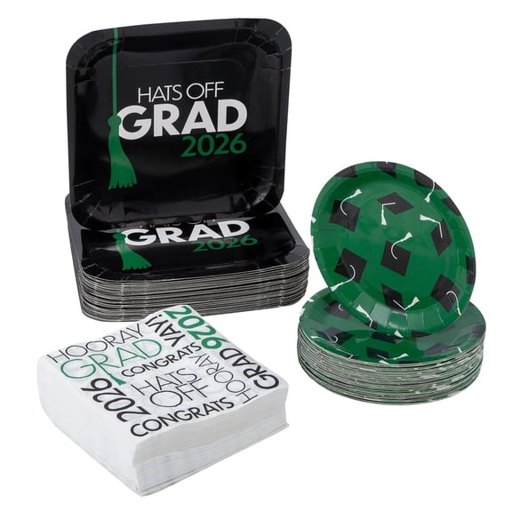 200 Pc. Green Hats Off Grad 2026 Party Disposable Tableware Set for 50 Guests