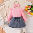 thumbnail image 7 of Toddler Girl Clothes Toddler Baby Girl Fall Winter 9 12 18 24 Months 2T 3T Long Sleeve Ruffle Romper Top Denim Pleated Skirt Set 3Pcs Clothes Set, 7 of 7