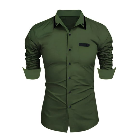 VERUGU Mens Long Sleeve Dress Shirts Business Casual Turn-Down Collar Slim Solid Trendy Button Down Cardigan Tops with Pocket Army Green 3XL