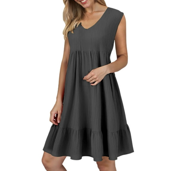 Women's Sleeveless V Neck A Line Casual Dress Flowy Lightweight Summer Everyday Outfit Comfortable Breathable Fashionable Womens Casual Trendy Midi Dresses
