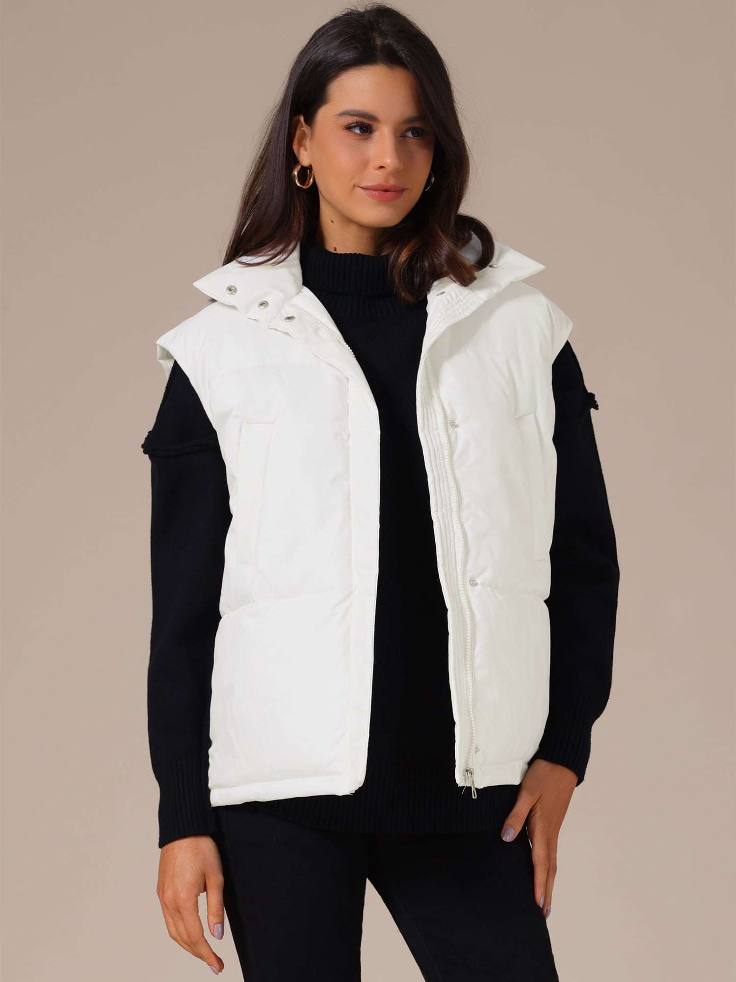 DARING DIVA Women's Puffer Vest Stand Collar Sleeveless Lightweight Jacket XL White
