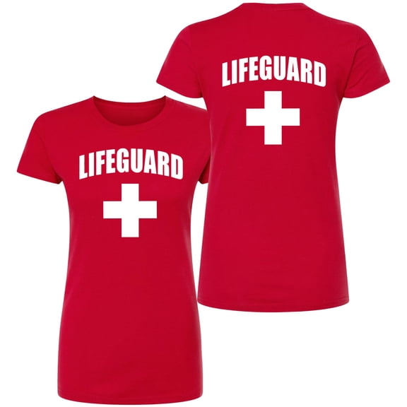 Women's Lifeguard + White Cross T-Shirt | Slim Fit 100% Cotton Life Guard Watch Duty Tee Shirt, Red (Red, XX-Large)