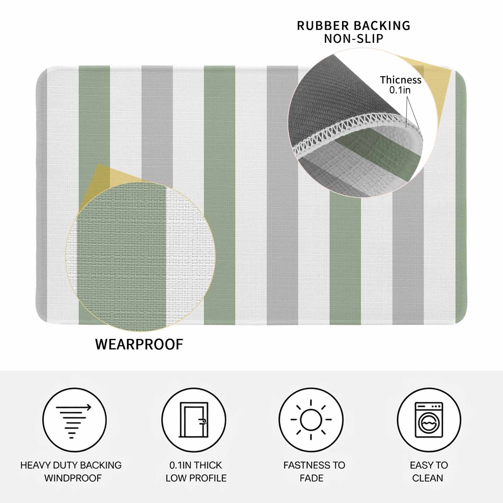 Sage Green Grey Stripe Doormat Outdoor Entrance 24"x36", Modern Farmhouse Vertical Striped Absorb Moisture Dirt Door Mats, Non-Slip Rubber Backing Floor Mats Indoor, Low-Profile Front Door Rugs