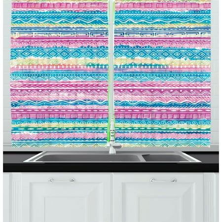 Bohemian Themed Living Room Tribal Curtains 2 Panels Set, Watercolor Tie Dye Effect Artwork Stripes Aquatic Theme Bohemian Aztec Print, Window Drapes for Living Room Bedroom, 55W X 39L Inches, Blue Pink Cream, by Ambesonne ()