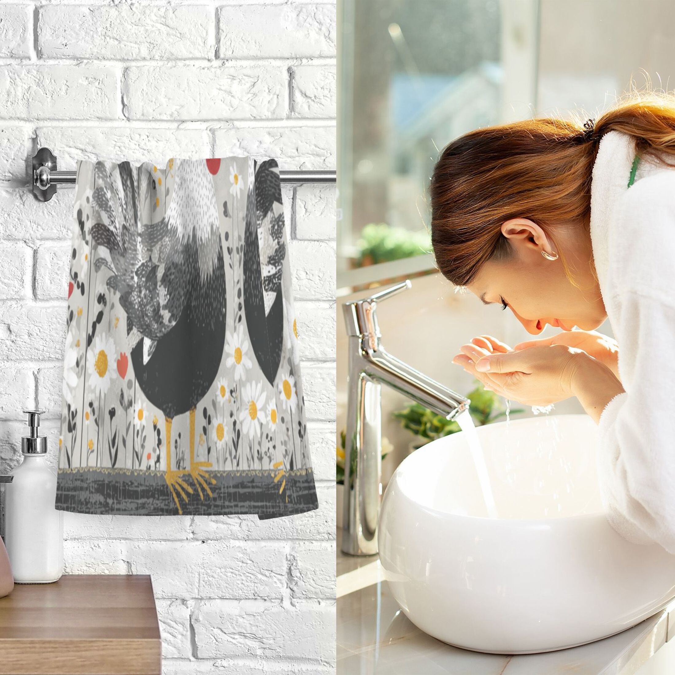 2 Pcs Absorbent Face Towel Bath Hand Towels Soft Breathable Cotton Towel Set for Bathroom Kitchen Hotel Spa Decor Black and White Chick