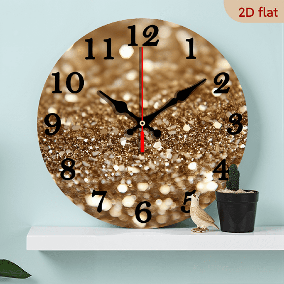 2D Flat 1pc 10Inch Golden Glitter Texture Wooden Wall Clock Decor, 10 Inch Wooden Round Wall Clock with Digital Display, Wall Clocks Battery Operated, Home, Kitchen, Pool, Bathroom Modern Home Decor