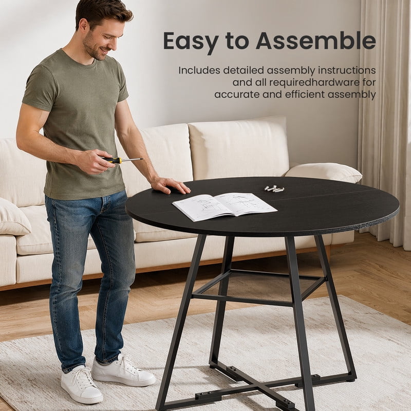 Gianna 42" Round Dining Table for 4-6, Space Saving Kitchen Table with Dual-Tier Storage, Pedestal Metal Frame, Industrial Farmhouse Circle Dinner Table for Apartment, Black