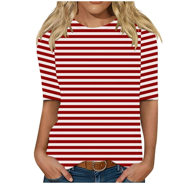 Enjoytime Blouses Grande Taille pour Femmes à Rayures Col Ras du Cou Manches Mi-Longues Chemises Décontractées Hauts de Travail de Bureau