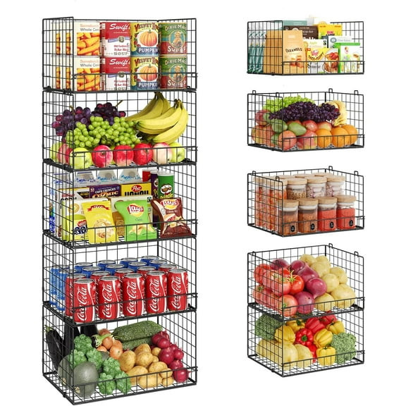 5 Pack Stackable Wire Baskets for Pantry Organizers and Storage, Large Pantry Baskets for Snack Organizer, Foldable Metal Storage Bins for Organizing Snack Can Fruit Vegetable & Toy