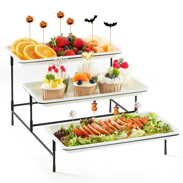 Bandeja de 3 Niveles para Fiestas, Bandejas de plástico de 30x17cm para Alimentos, Bandejas Reutilizables Blancas con Soporte de exhibición de Metal Negro para Alimentos