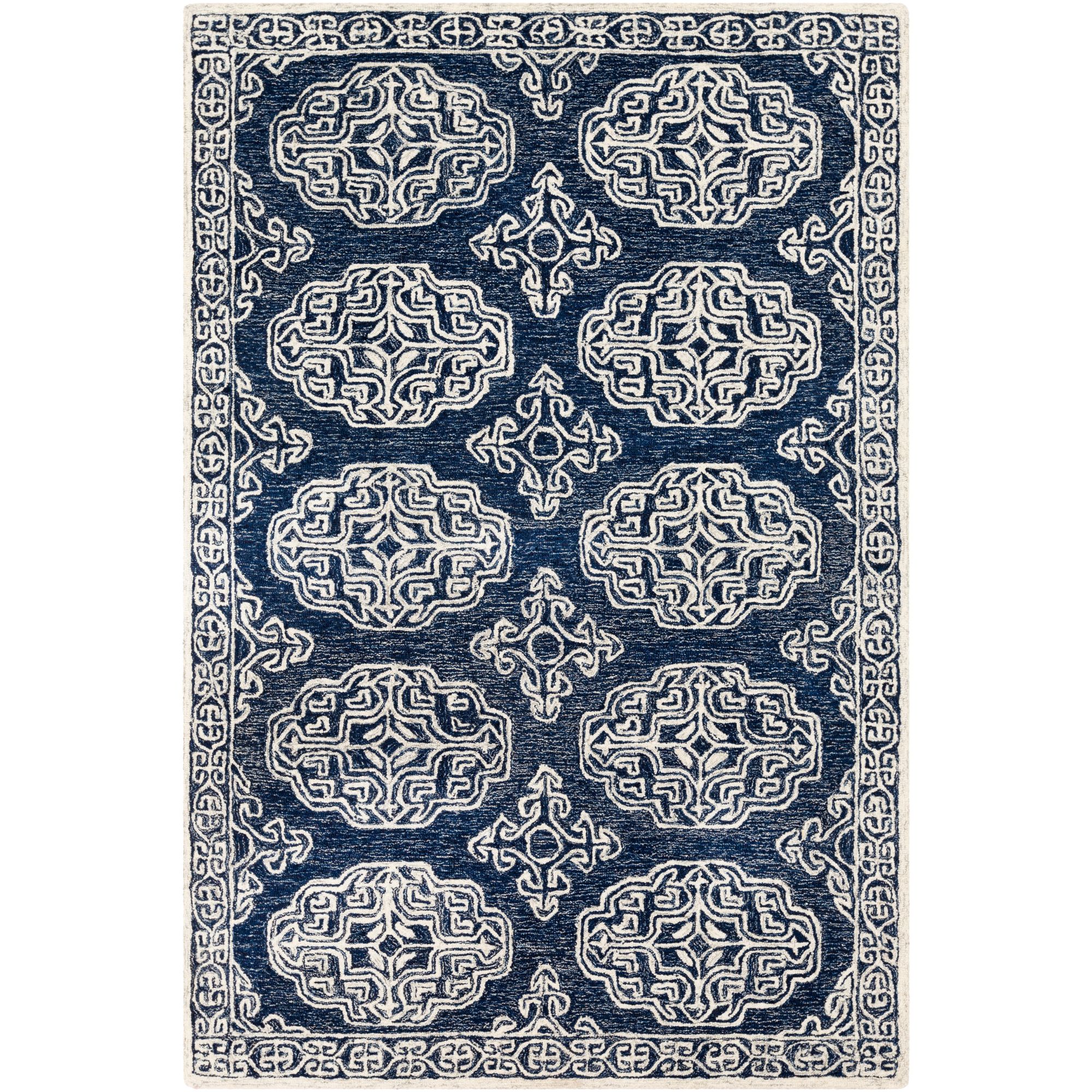 4' x 6' Contemporary Style Navy Blue and Cream White Rectangular Hand
