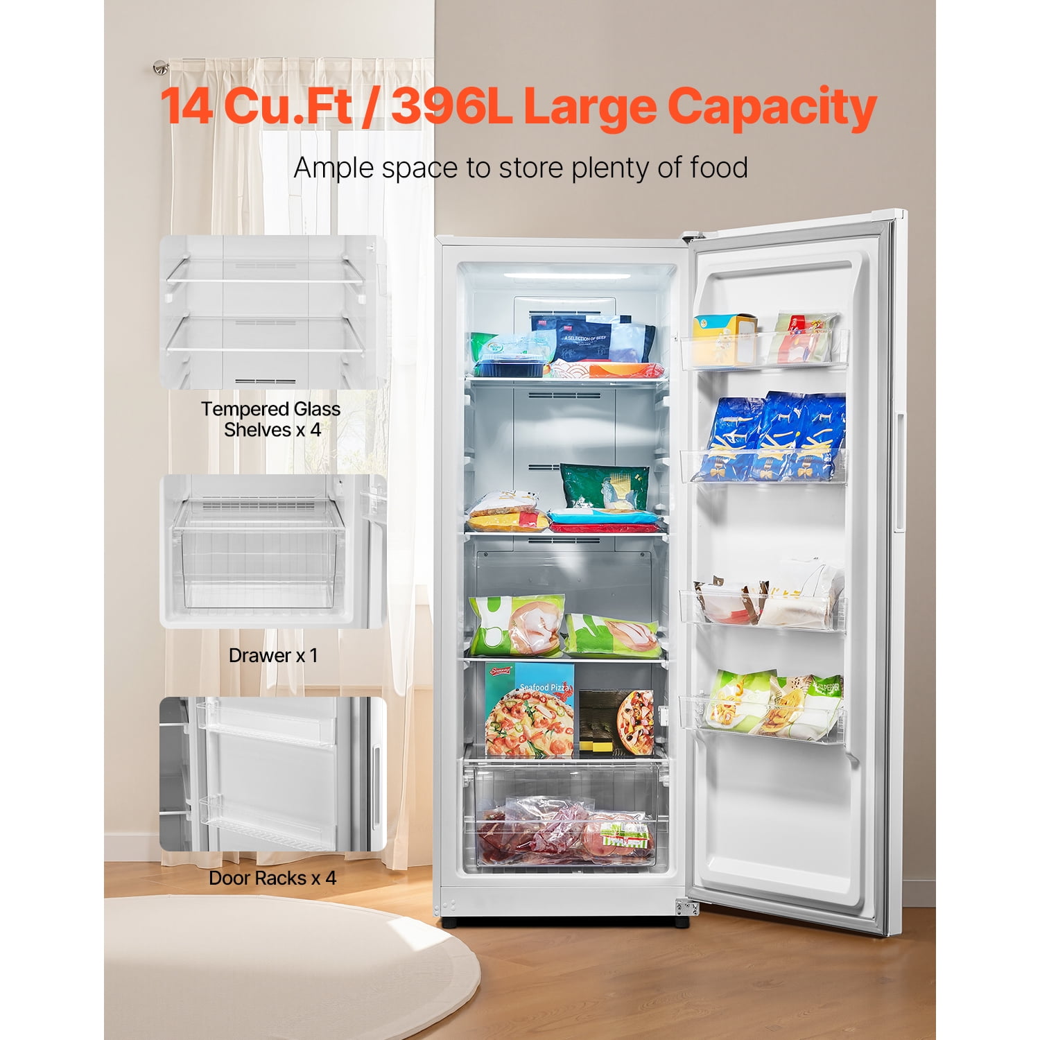 KFFKFF Convertible Upright Freezer/Refrigerator, 14 Cu.Ft Frost-Free Unit with Temperature Control Panel, Long Door Open Alarm, Adjustable Shelves, and LED Lighting, Ideal for Kitchen, Office
