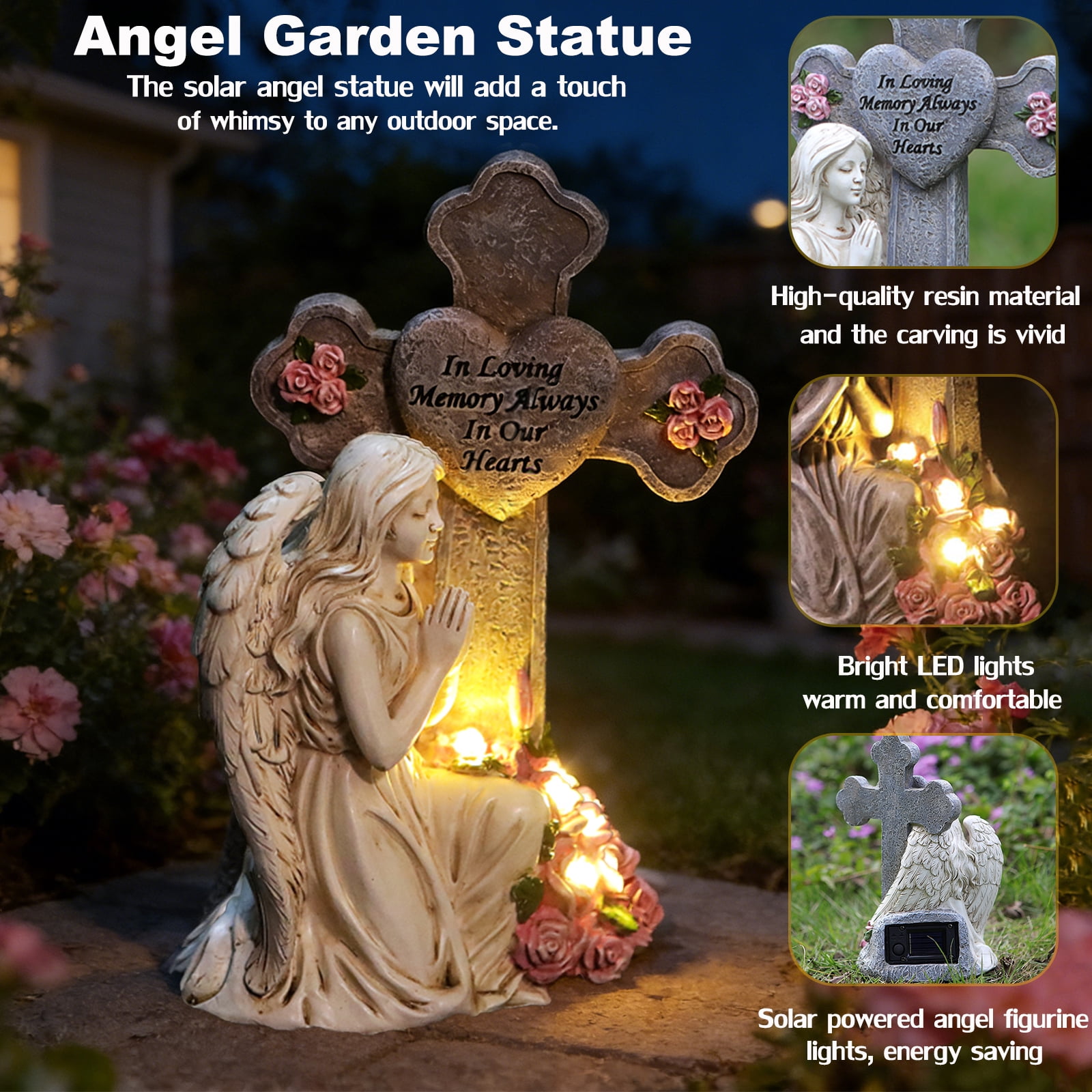 Solar Angel Statue for Grave, Praying Angel Figurines Garden Statues Outdoor Waterproof, Resin Decor Memorial Statue for Garden Yard Lawn Grave Cemetery Decor, Memorial Gifts for Loss of Loved One