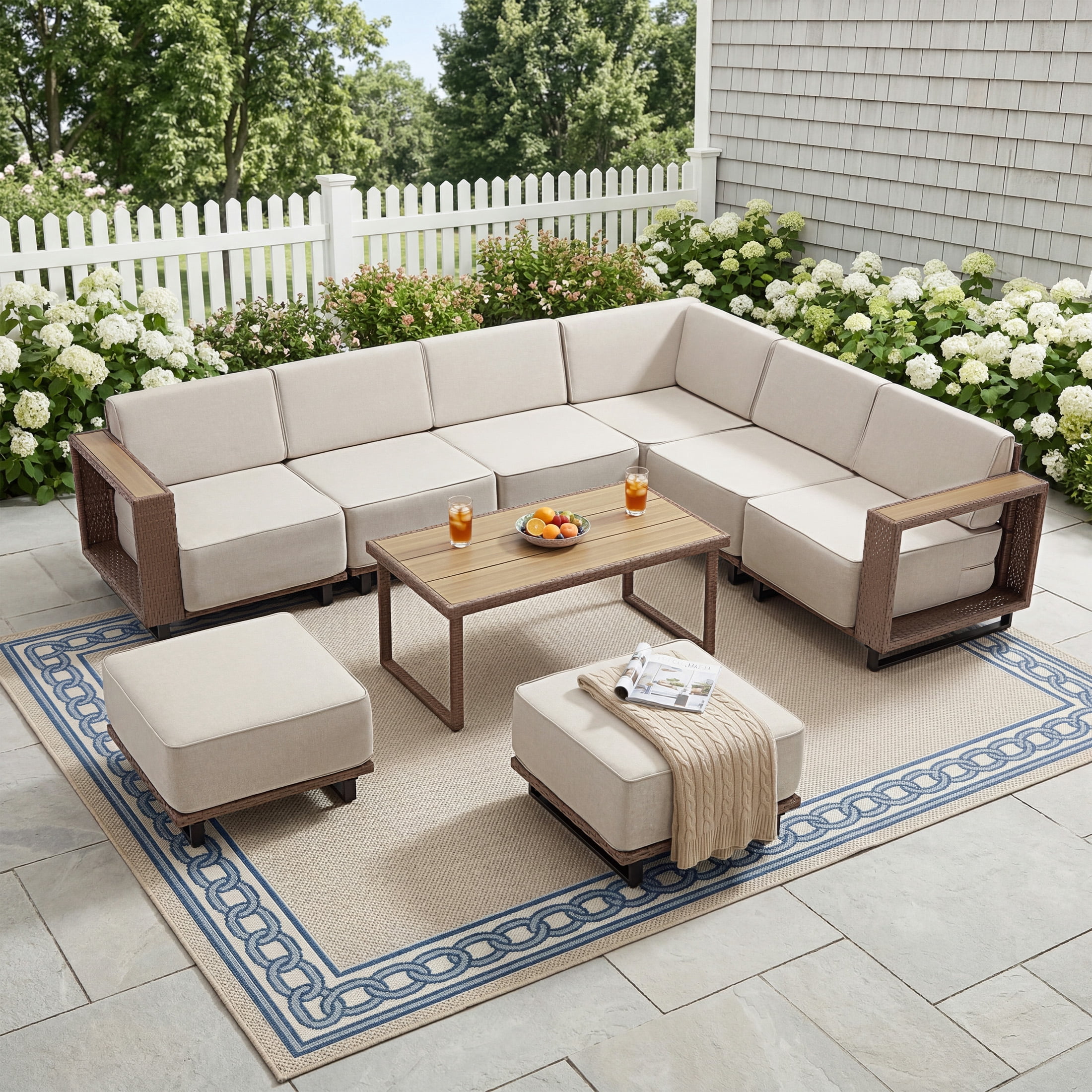 Bonzy Home Outdoor Wicker Sofa Set, Rattan Patio Conversation Sets - 6 Seater L-Shaped Wicker Sofa with Corner Seating, Rectangular Coffee Table and 2 Ottomans, Beige