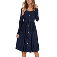 thumbnail image 1 of Lovzfmll Robe Longue Évasée à Manches Longues, Col Rond, Unie, Élégante, à Volants pour Femme, Bleu Marine, 2TG, 1 of 6