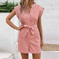 thumbnail image 2 of ZyeKqe Jumpsuits for Women Striped Sleeveless Button down Short Rompers Belted Work Overalls with Pockets, 2 of 5