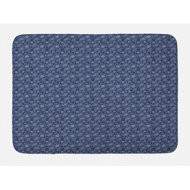 Blue Paisley Bath Mat, Monochromatic Sketch Style Motifs Flowers Leaves Illustration Print, Plush Bathroom Decor Mat with Non Slip Backing, 29.5" X 17.5", Indigo and White, by Ambesonne