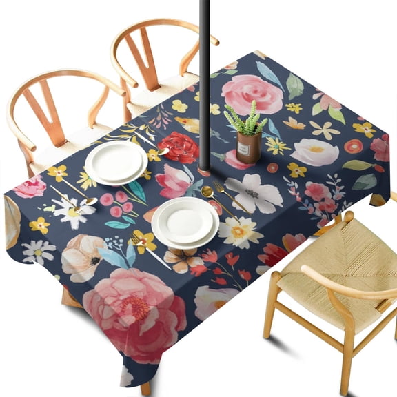 Outdoor Waterproof Tablecloth with Umbrella Hole and Zipper, Pioneer Colorful Floral Rectangle Reusable Durable Decor Table Cover for Party Picnic Patio 60×102 Inch
