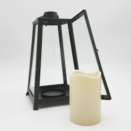Metal Lantern with Battery Operated Candle - Black Tapered