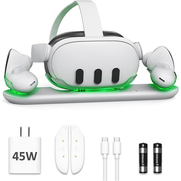 D.Gruoiza VR Charging Station with 45W USB-C Charger for Oculus/Meta Quest 3,LED Indicator Charging Dock Simultaneously Charging Headset and Touch Controller with 2 Rechargeable Battery