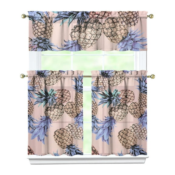 Kitchen Curtains 36 Inch Short - 3 Panel Set Pineapple Print, Rod Pocket Window Curtains 100% Polyester, Tropical Fruit Valance for Farmhouse, Cafe, Living Room, Bedroom, Easy Wash