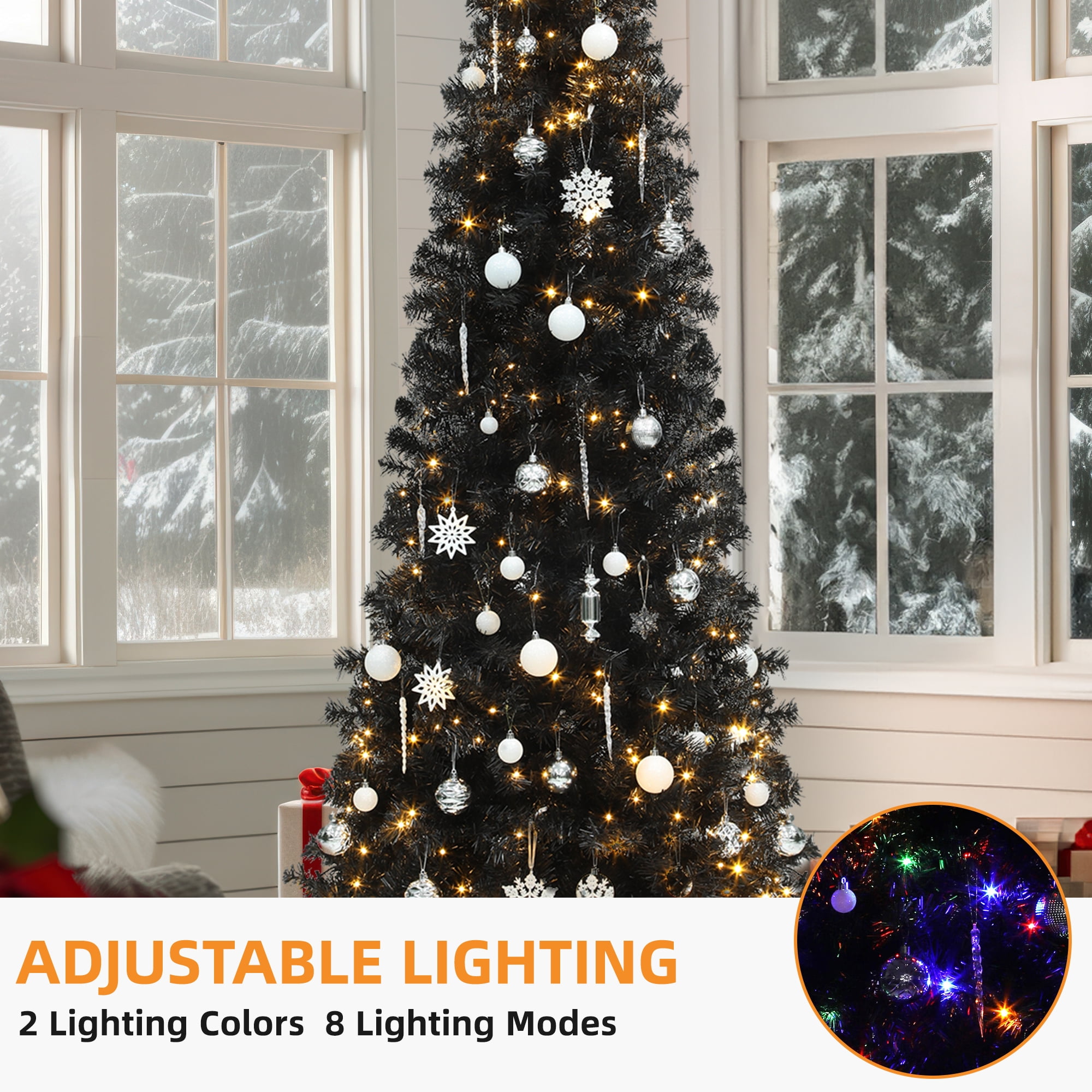Uforic 7.5ft Pre-Lit Artificial Pencil Christmas Tree,Hinged Slim Hallowee Christmas Tree with 1000 Branch Tips and 350 Lights,Black