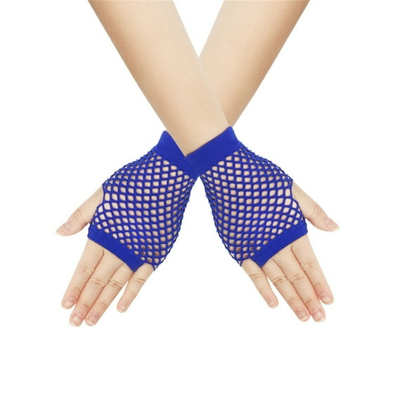 XMMSWDLA Fingerless Fishnet Gloves For Women Kids Girls Fish Net Arm Sleeve 80s Mesh Gloves Blue