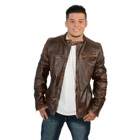 Mens Brown Leather Side Stitch Euro Collar Café (Best Brown Leather Motorcycle Jacket)