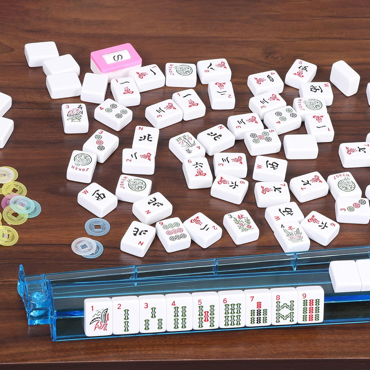 NIUMU American Mahjong Mah Jongg Set 166 Tiles 4 All-in-One Color Rack/Pushers Soft Bag Full Size Complete Mahjongg Ma Jong Set (Blue)