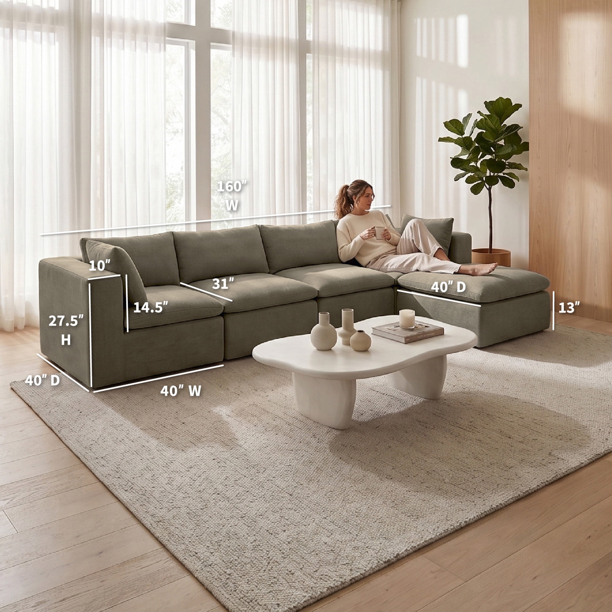 Big Joe Averra Sectional Couch for Living Room, 5 Piece Sofa, Misty Gray