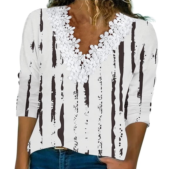 Women's Fashion Fall Gradient Tops Long Sleeve Lace Trim V Neck Casual Shirts Basic Tees Loose Fit Tunic Blouses