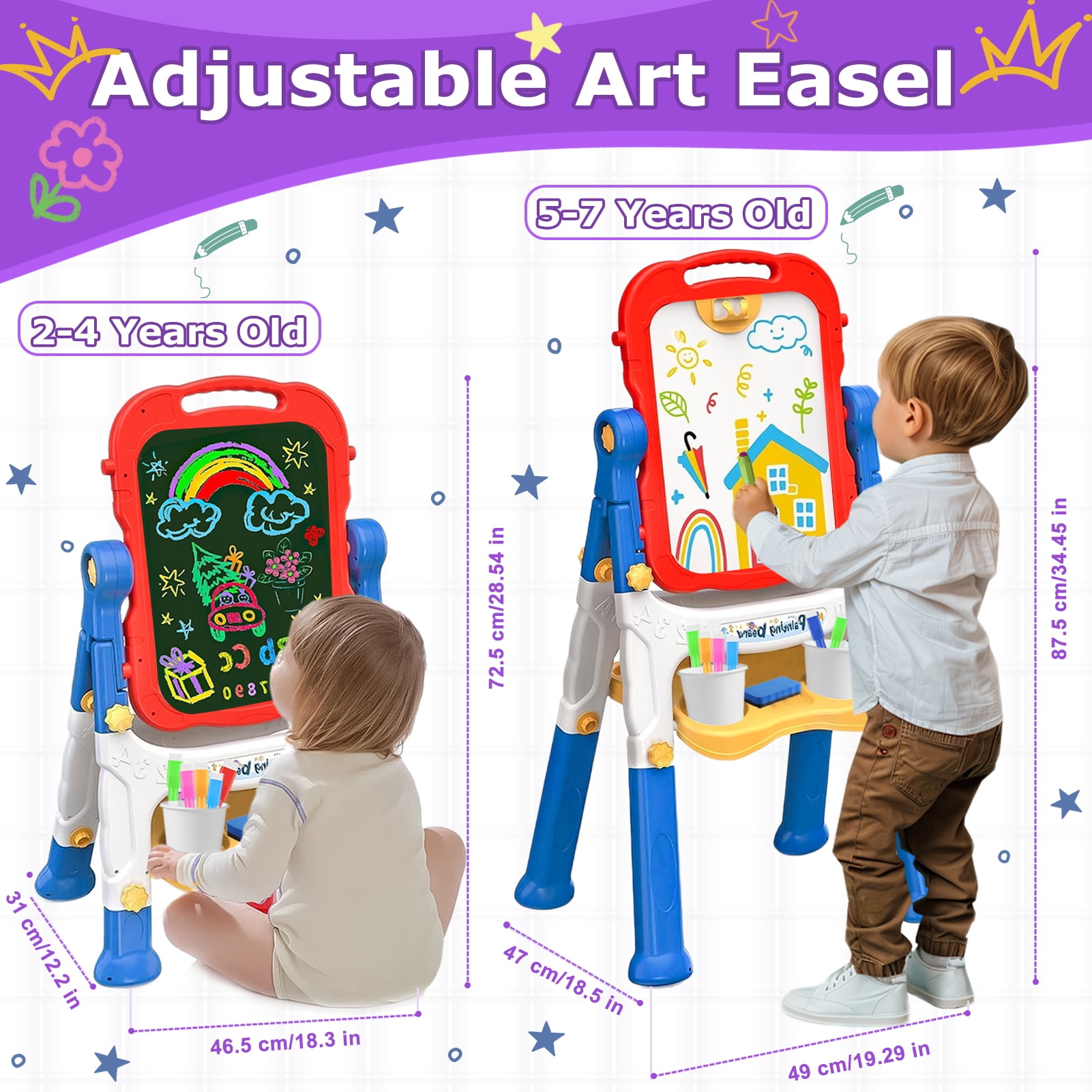 Sunforu Double-Sided Magnetic Kid Art Easel, Complete Drawing Station with Whiteboard and Chalkboard, Height-Adjustable, Blue