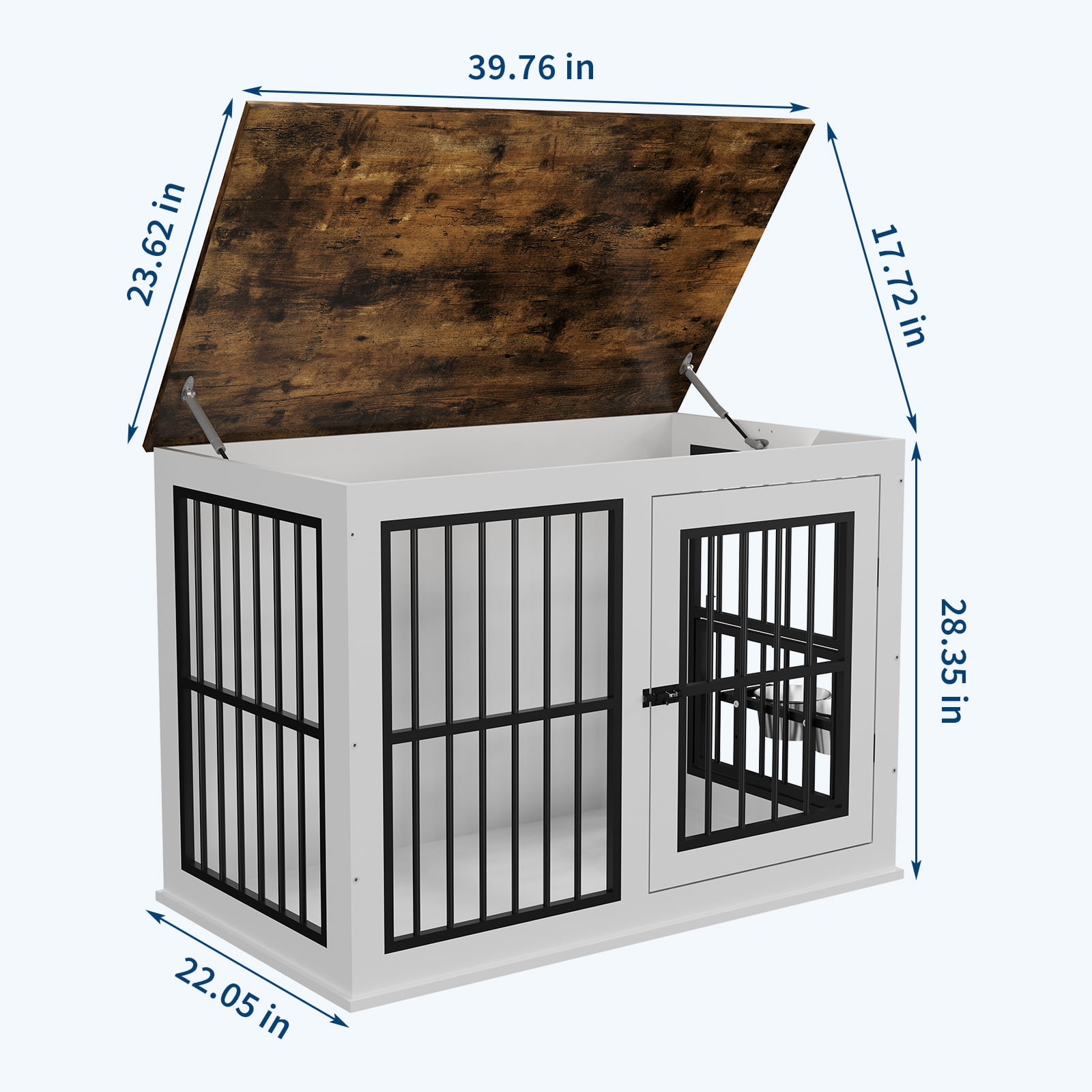 GARVEE 40" Wooden Dog Crate Furniture with Double Bowls, Indoor Pet Kennel & End Table for Medium to Large Dogs, White/Vintage
