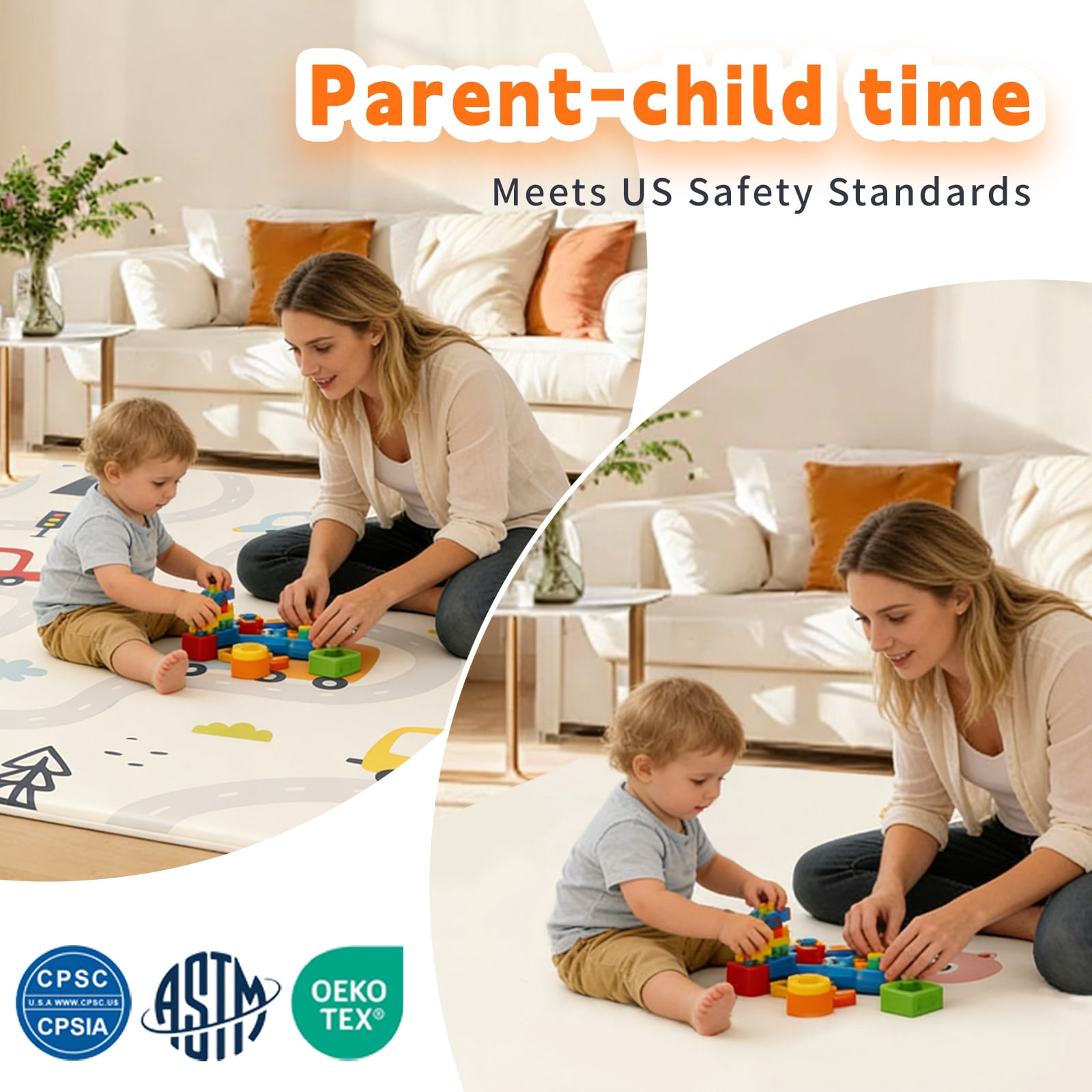 PU Leather Baby Play Mat, 50x50 Thick Foam Cushioned & Waterproof Playpen Mat for Infants and Toddlers (Double-Sided PU, Car)