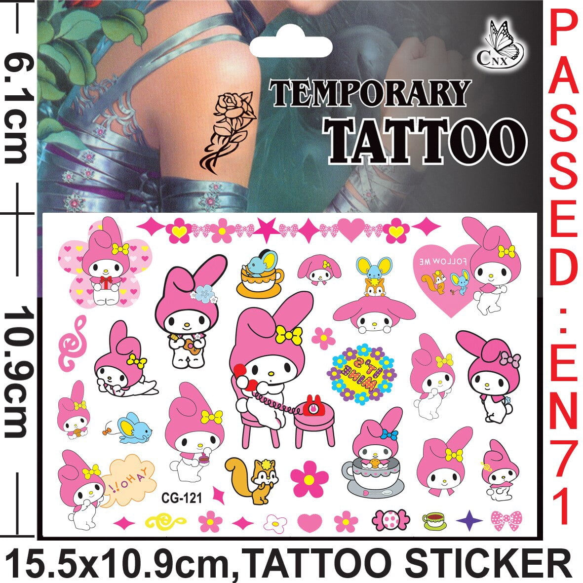 Pegatinas de dibujos animados de Sanrio Melody Kuromi KT Cat Tattoo ...