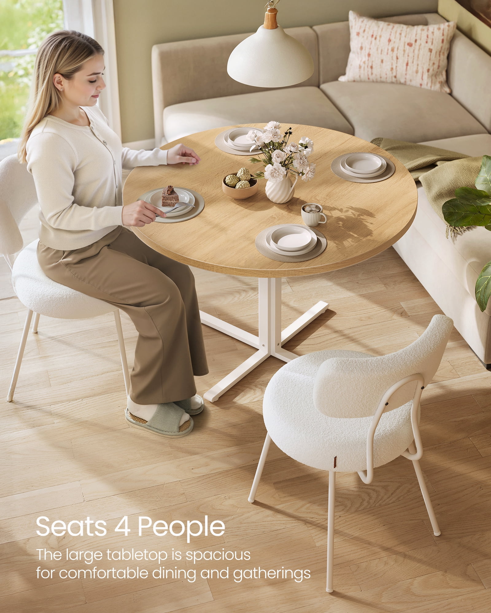 Round Dining Table for 4, 31.5 Inch Kitchen Table with Water-Resistant Top & C-Shaped Steel Frame, 220 lb Capacity, for Small Space Living Room Dining Room, Oka Beige