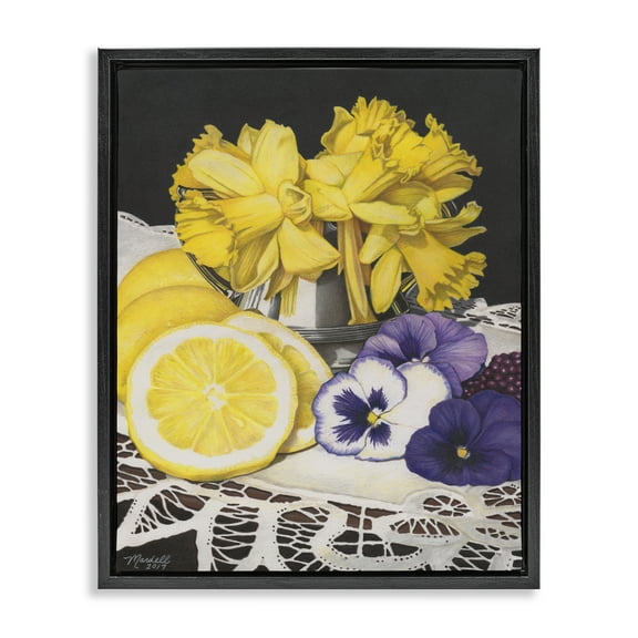 Stupell Industries Daffodils & Lemons Still Life Food & Beverage Painting Black Floater Framed Art Print Wall Art, 17 x 21