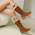 thumbnail image 3 of Pandaie Winter Boots for Women Chunky Heel Suede Snow Knee High Boots Comfortable Fleece Lined Pull on Warm Outdoor Shoes Khaki 5.5, 3 of 9