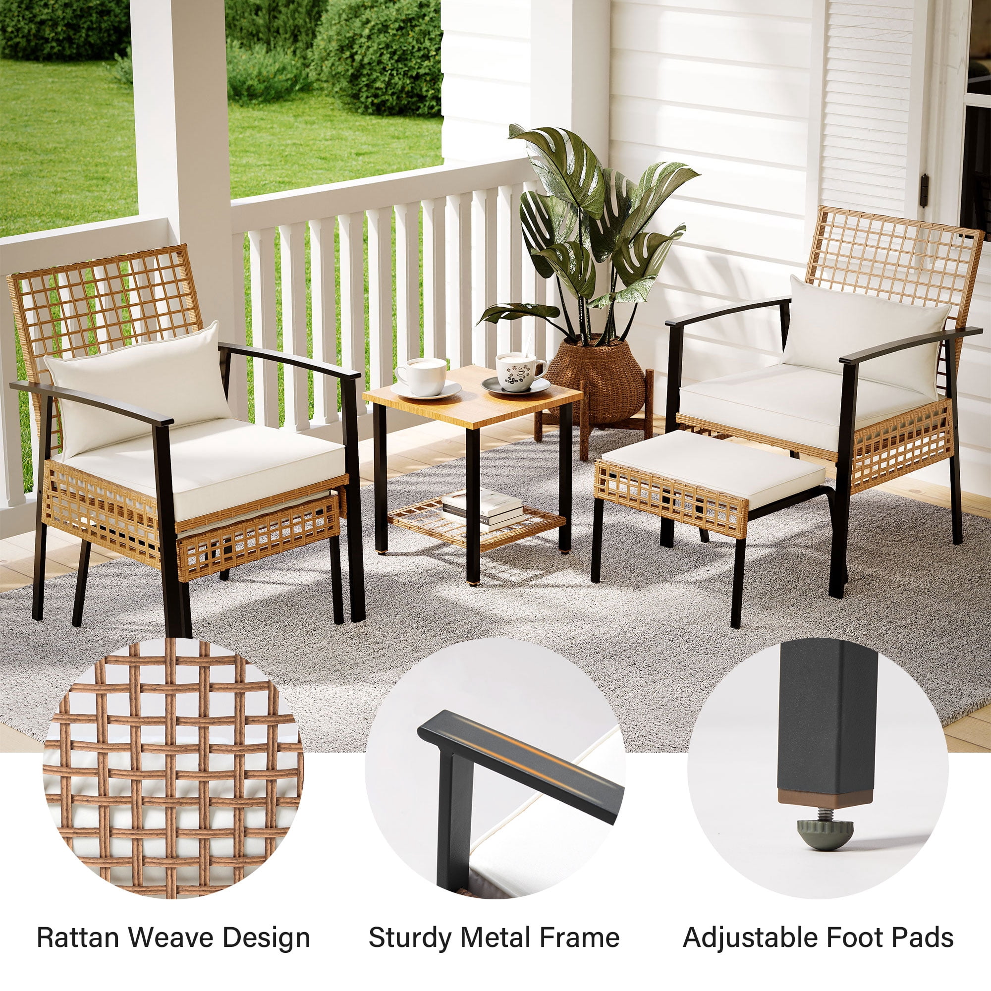 LAUSAINT HOME 5 Pieces Patio Furniture Set with Ottomans, Wicker Outdoor Conversation Set with Cushions and Coffee Table for Backyard, Poolside, Porch, Balcony