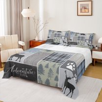 Homewish Wild Animal Deer Queen Sheet Sets,Tropical Botanical Pine Flat Sheet,Gray Green Queen Fitted Sheet For Boy Kids,Super Cozy Room Decor,4-Piece