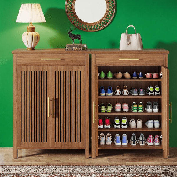 Entryway Shoe Cabinet, 2 Louvered Doors, 5-Tier Flexible Storage (20 Pairs), Large Drawer, MDF Construction with Anti-Tip Device, for Farmhouse/Contemporary Decor