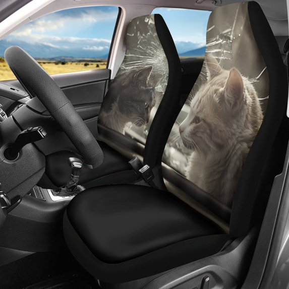 XYZCANDO Stylish Front Car Seat Covers with Cat Window Print - Breathable Durable Protection For All Vehicle Types